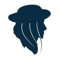 Silhouette of a woman's head with long hair in side view, wearing a hat, isolated vector - 195884005