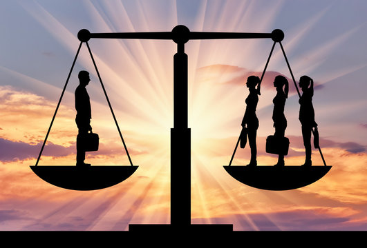 Silhouette of one man and three women on the scales of justice