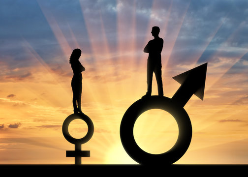 Silhouette of a big man and a small woman standing on gender symbols