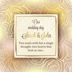 Intricate baroque luxury wedding invitation card, rich gold decor on beige background with frame and place for text, lacy foliage with shiny gradient.