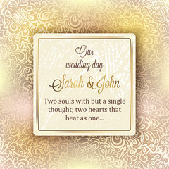 Intricate baroque luxury wedding invitation card, rich gold decor on beige background with frame and place for text, lacy foliage with shiny gradient.