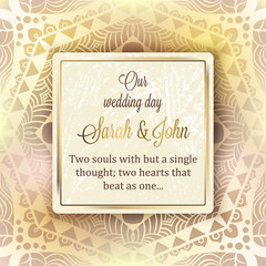 Intricate baroque luxury wedding invitation card, rich gold decor on beige background with frame and place for text, lacy foliage with shiny gradient.