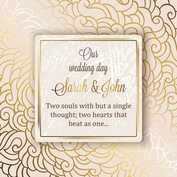 Intricate baroque luxury wedding invitation card, rich gold decor on beige background with frame and place for text, lacy foliage with shiny gradient.