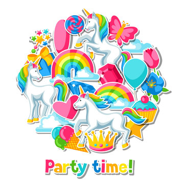 Party time. Card with unicorn and fantasy items
