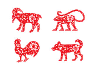 Goat, monkey, rooster, dog. Chinese Horoscope animal set. Flower decorative element. Red and white colors