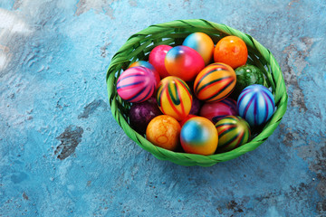 Row of Easter eggs on blue background. easter decoration.