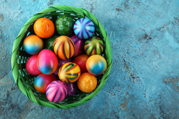 Row of Easter eggs on blue background. easter decoration.