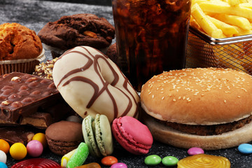 Unhealthy products. food bad for figure, skin, heart and teeth.