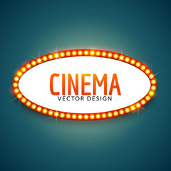 Glowing cinema signboard banner. Vintage vector light retro sign frame for theater banner signboard