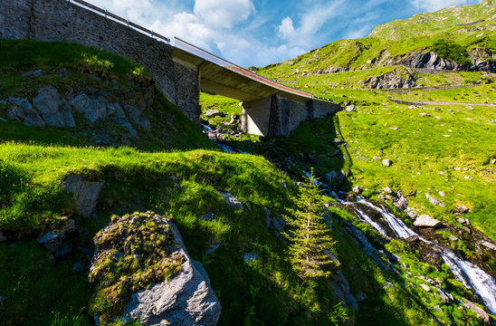 bridge over the brook in mountains. beautiful transportation scenery in summer landscape. location Transfagarasan rout of Romania