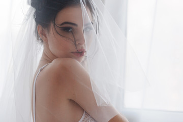 Pretty shy bride with a veil close-up portrait. Morning before wedding