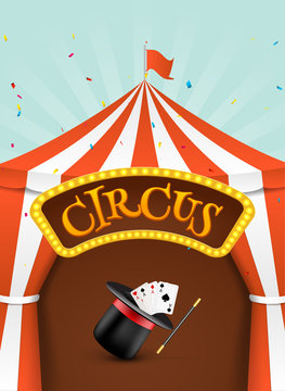 Circus tent poster. Circus retro invitation event. Fun carnival vector illustration. Amusement performance