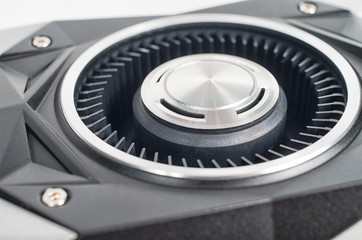 Close up shot of a modern graphical card fan used in crypto currency mining gigs