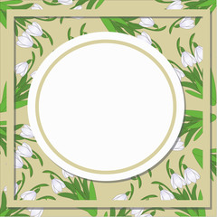 Vector card with round patterns of snowdrop flowers.