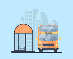 Double-decker bus with bus stop. Vehicle for transportation passangers. Excursion bus. Urban background.
