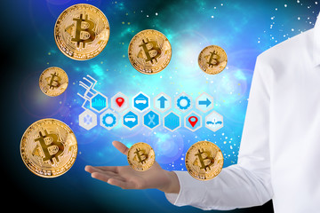 Asian man business holding tecnology bit coin in blurry office background. For business people, finance, lifestyle and ethereum or block chain tecnology image