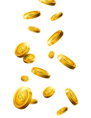 Gold coins falling. Vector isolated money coins treasure. Isolated banking currency