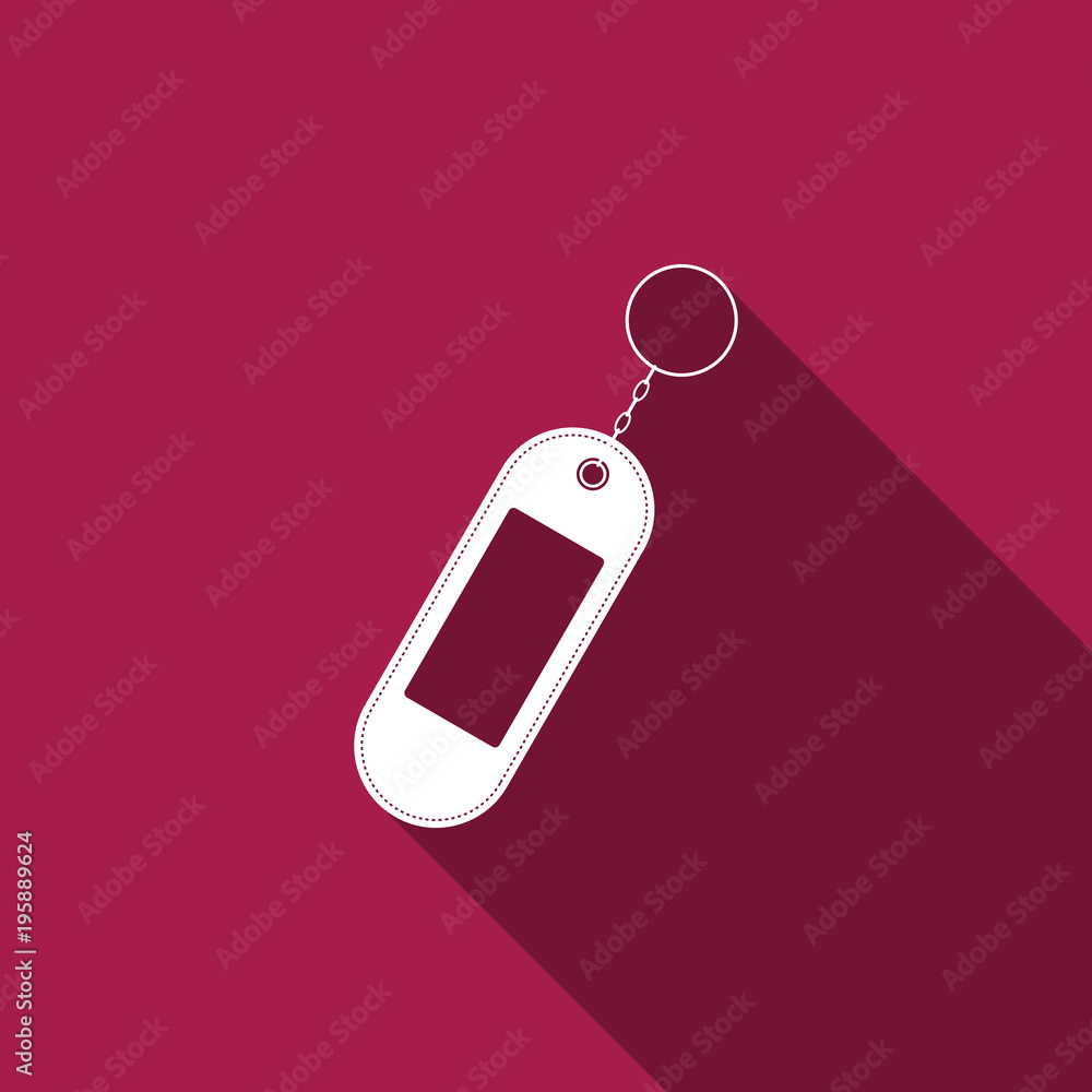 Poster key chain icon isolated with long shadow. blank rectangular keychain with ring and chain for key. fl