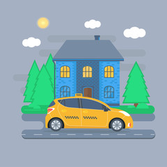 Naklejka premium Poster with the machine yellow cab in the city.