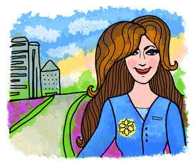 A brunette woman smiles against a clean city background with beautiful hair in a blue jacket. Raster illustration.