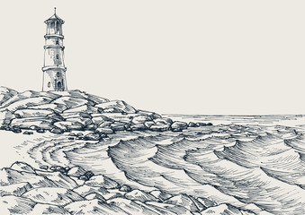 Sea shore and sea waves drawing. Side view of a rocky beach, lighthouse in the background