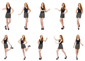 Fototapeta premium Red hair girl in gray dress isolated on white