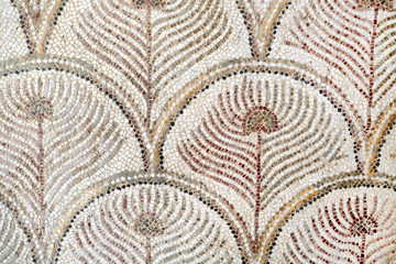 Roman mosaic tiles, detail of ancient wall decorated historic, textured background