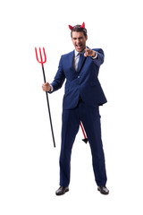Evil devil businessman with pitchfork isolated on white backgrou