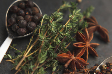 Anise stars, sprigs of thyme and juniper