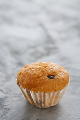 Tasty muffins arranged in pattern on light textured background, close-up, shallow depth of field, selective focus.