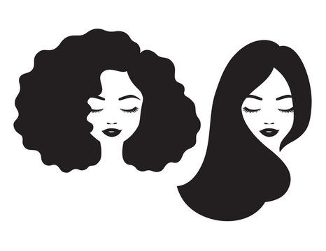 Beautiful woman and black African American woman face with afro and long straight hair vector illustration.
