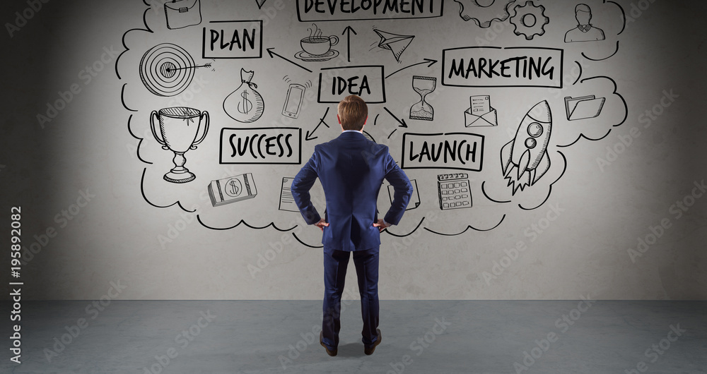 Aufkleber businessman watching a project sketch on a wall 3d rendering