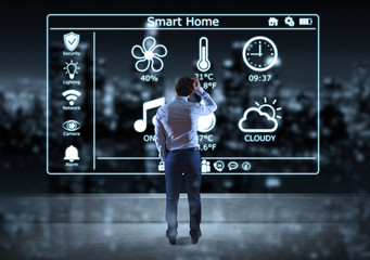 Businessman watching smarthome interface on a rooftop 3D rendering