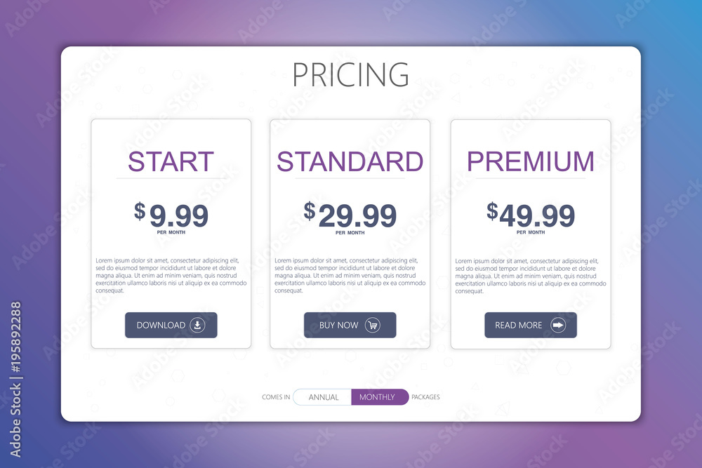 Poster three banners. pricelist, hosting plans and web design boxes of banners. banners for tariffs and pri