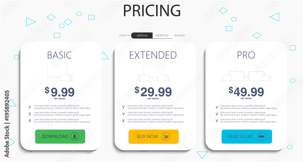 Poster three banners. pricelist, hosting plans and web design boxes of banners. banners for tariffs and pri