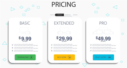 Three banners. Pricelist, hosting plans and web design boxes of banners. Banners for tariffs and price lists. Web elements. Plan the hosting. design for a web application.