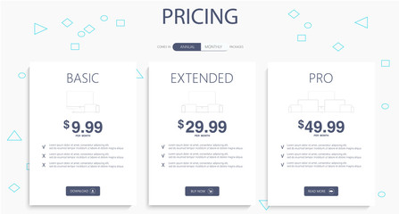 Three banners. Pricelist, hosting plans and web design boxes of banners. Banners for tariffs and price lists. Web elements. Plan the hosting. design for a web application.
