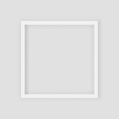 3D picture square frame design. Realistic Square White Blank Picture frame, hanging on a White Wall from the Front. Design Template for Mock Up. Vector illustration