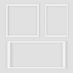 Realistic 3d Square and Rectangular White Blank Picture frame, hanging on a White Wall from the Front. Design Template for Mock Up.