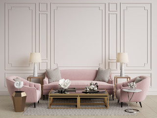 Fototapeta na wymiar Classic interior.Sofa,chairs,sidetables with lamps,table with decor.White walls with mouldings. Floor parquet herringbone,rug with pattern.Mockup,copy space.Digital ilustration.3d rendering