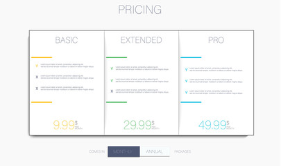 Price list, hosting plans and web boxes banners design. three tariffs. interface for the site. ui ux vector banner for web app.