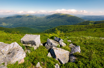 beautiful mountain landscape on summer morning. boulders among the grass on hillside