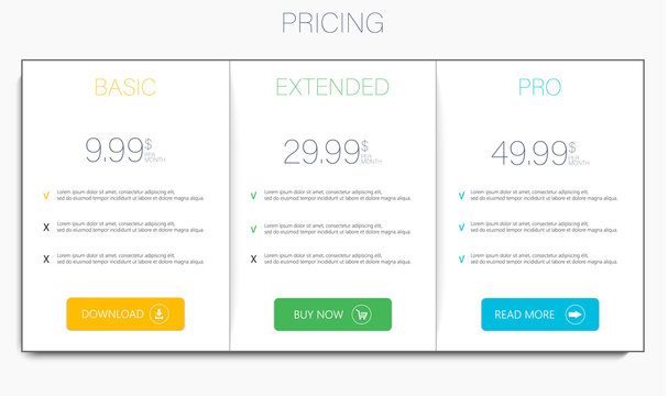 Price list, hosting plans and web boxes banners design. three tariffs. interface for the site. ui ux vector banner for web app.