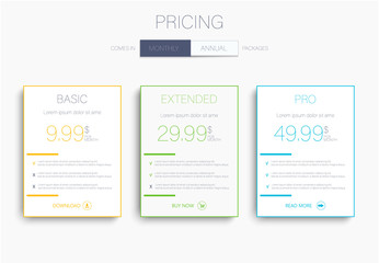 Three banners. Pricelist, hosting plans and web design boxes of banners. Banners for tariffs and price lists. Web elements. Plan the hosting. design for a web application.