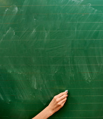 Right hand of a young girl ready to write on the big green school board