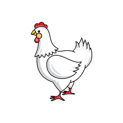 Side-view portrait of hen, chicken, hand-drawn vector illustration isolated on white background. Standing brown chicken, hand-drawn illustration