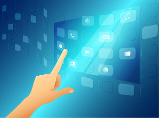 Vector illustration high digital technology interactive screen and a female hand pushing a button