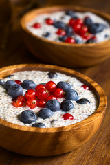 Chia (lat. Salvia hispanica) seed pudding with blueberries and redcurrants in wooden bowl, photographed on dark wood with natural light (Selective Focus, Focus one third into the pudding)