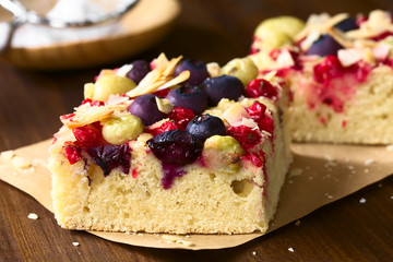 Homemade cake with gooseberry, blueberry, redcurrant and coconut flakes, photographed on dark wood with natural light (Selective Focus, Focus on the front of the cake dough and some berries)