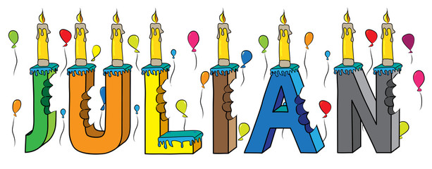 Julian male first name bitten colorful 3d lettering birthday cake with candles and balloons